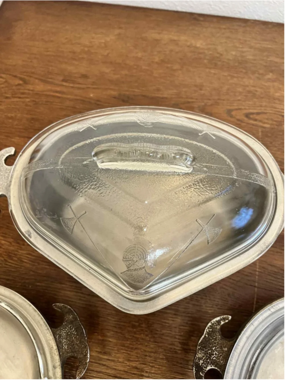 Guardian Service 3 Pc Casserole Lot Etched Glass Lids Round Triangular Hammered